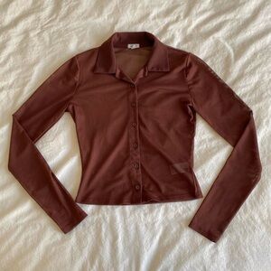 Garage Brown Mesh Long Sleeve Button-Up Top